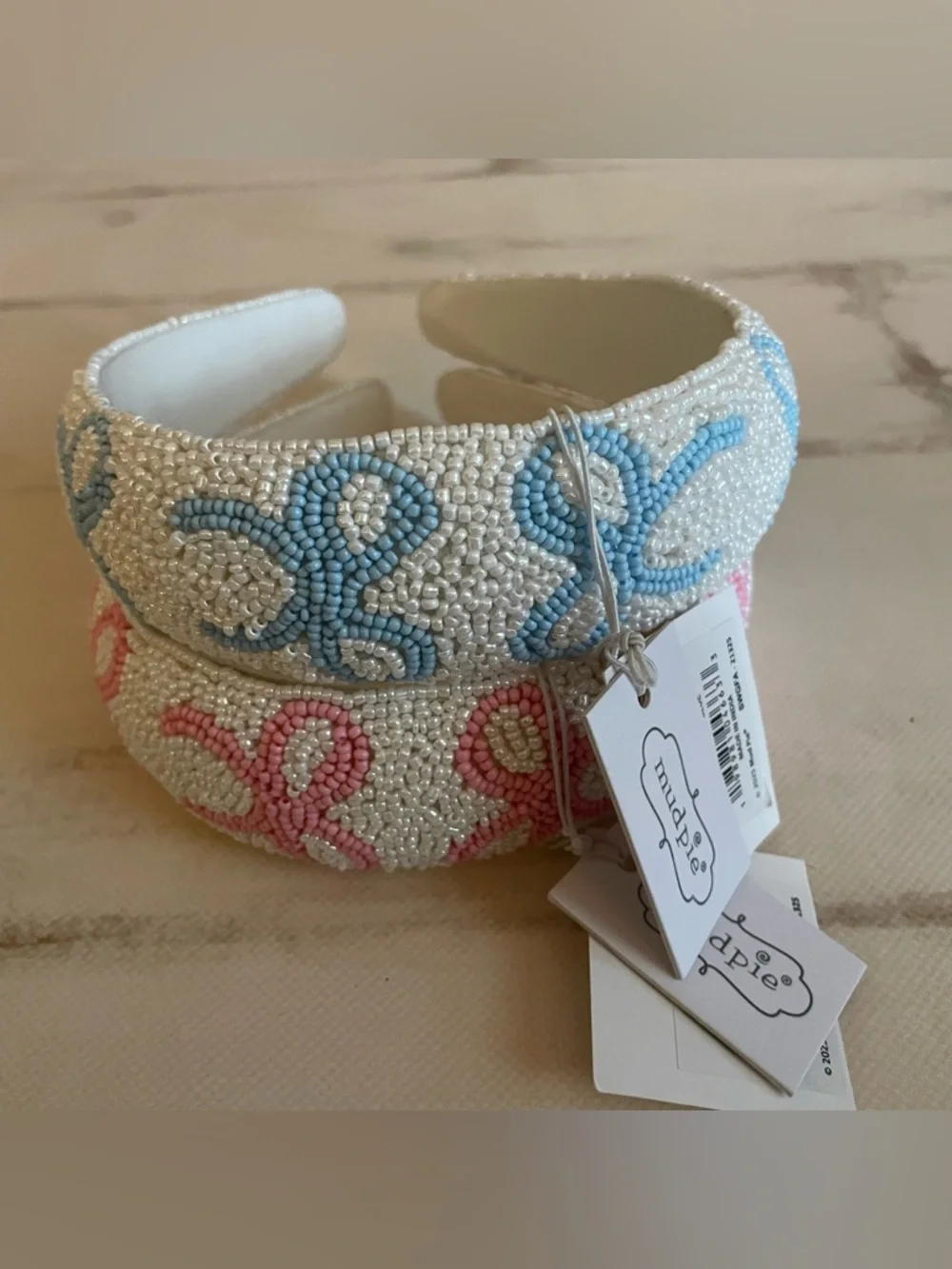 Mud Pie Beaded Bow Headband Set Pink & Blue